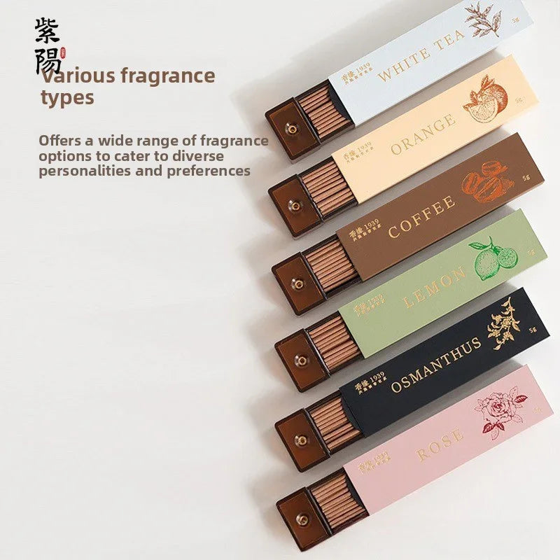 Six boxes of incense sticks in fragrances White Tea, Orange, Coffee, Lemon, Osmanthus, and Rose with elegant packaging