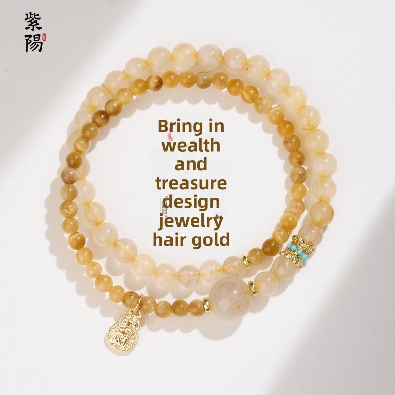 Zhao Mi Gold Hair Crystal Bracelet, Jewelry Tiger's Eye Stone White Crystal Amethyst Good Luck Double Ring Bracelet Beaded