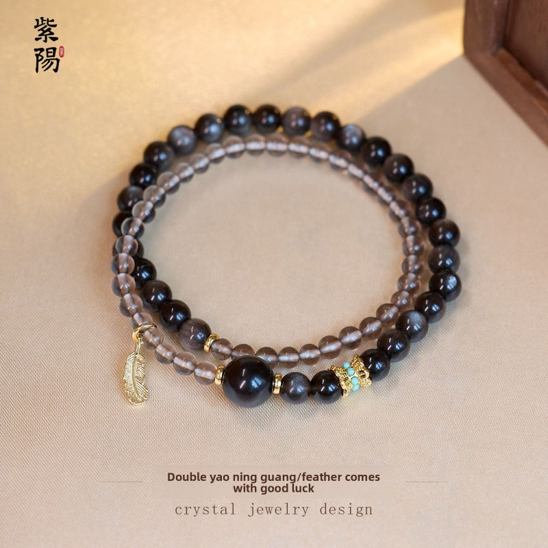 Zhao Mi Gold Hair Crystal Bracelet, Jewelry Tiger's Eye Stone White Crystal Amethyst Good Luck Double Ring Bracelet Beaded