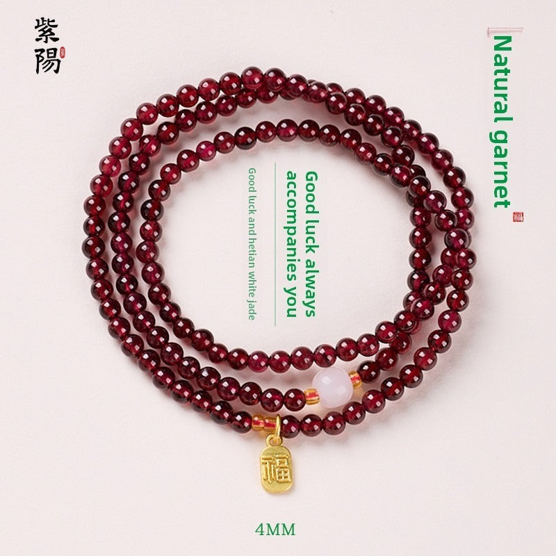Natural three-circle garnet bracelet women's crystal Hetian jade bracelet gift light luxury niche simple jewelry