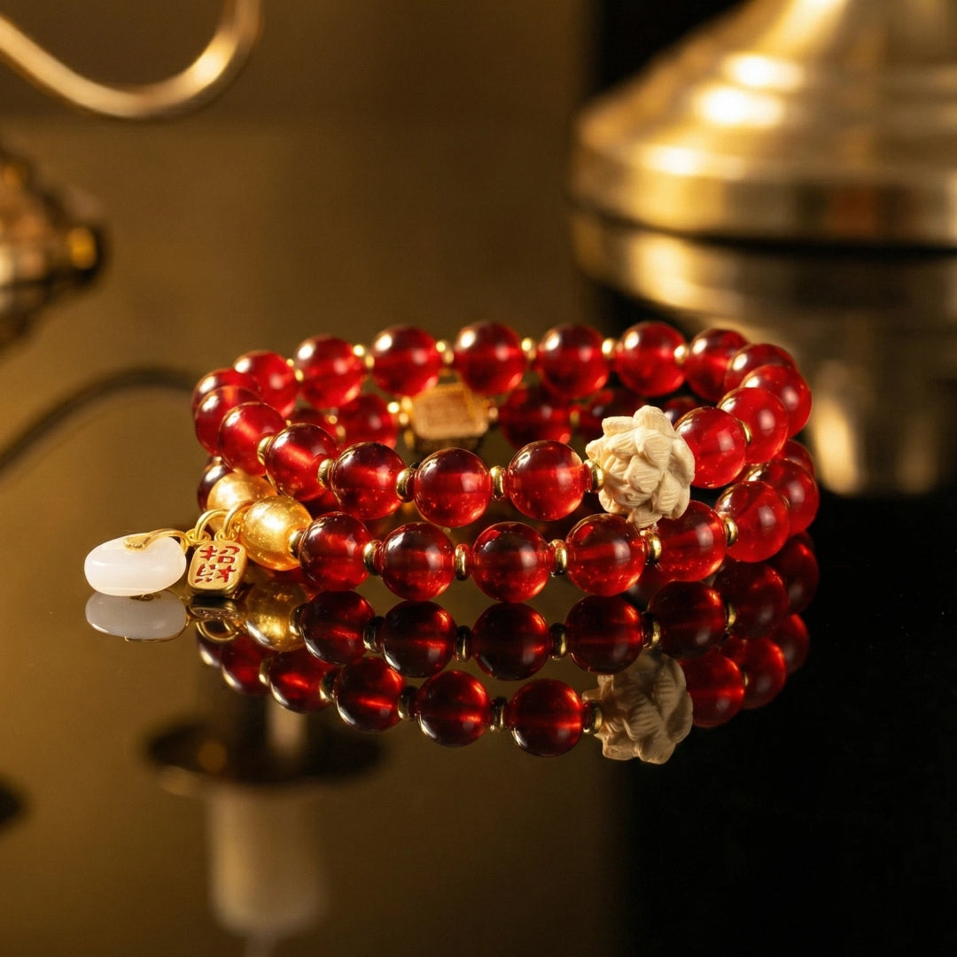 Hand-Carved Boxwood & Natural Gobi 'Candy' Agate Double-Wrap Bracelet