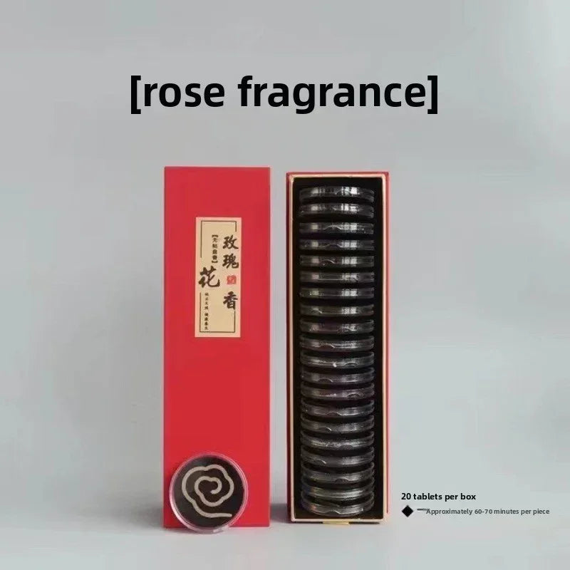 Red box of 20 rose fragrance tablets with Chinese text, each tablet spiraled and lasting 60-70 minutes