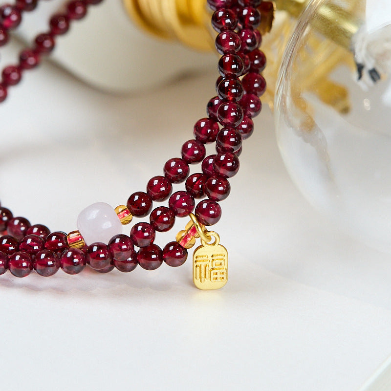 Natural three-circle garnet bracelet women's crystal Hetian jade bracelet gift light luxury niche simple jewelry