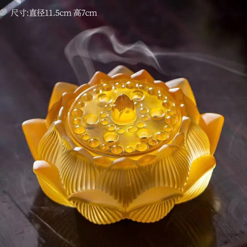 yellow lotus-shaped incense holder with smoke rising on dark surface, dimensions in Chinese text