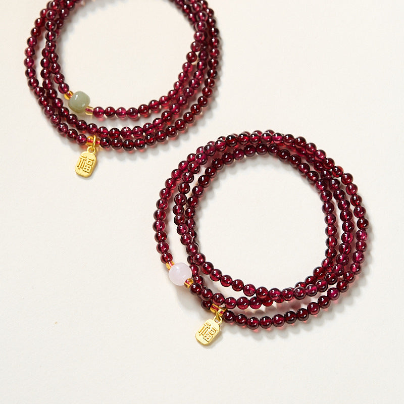 Natural three-circle garnet bracelet women's crystal Hetian jade bracelet gift light luxury niche simple jewelry