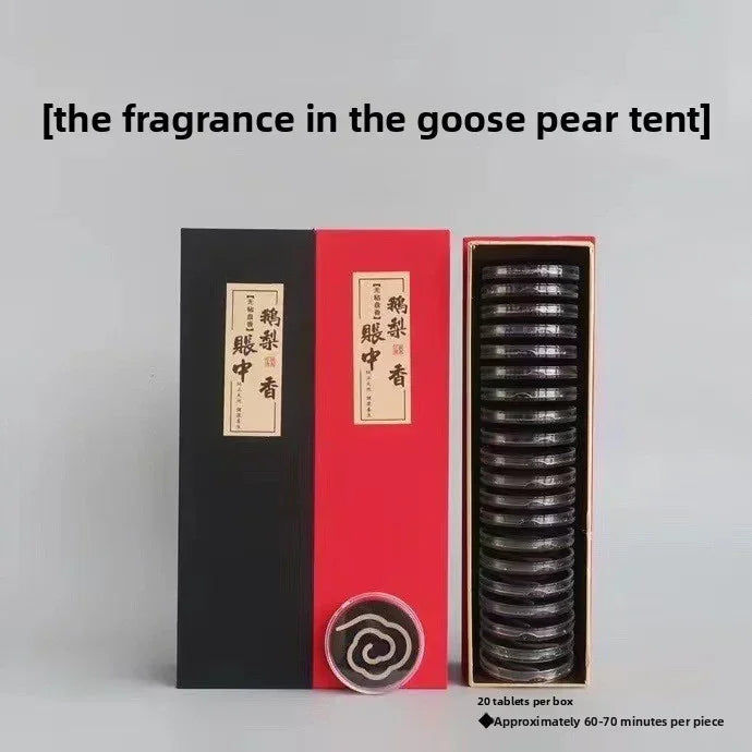 Black and red boxes of goose pear fragrance incense tablets, 20 tablets per box