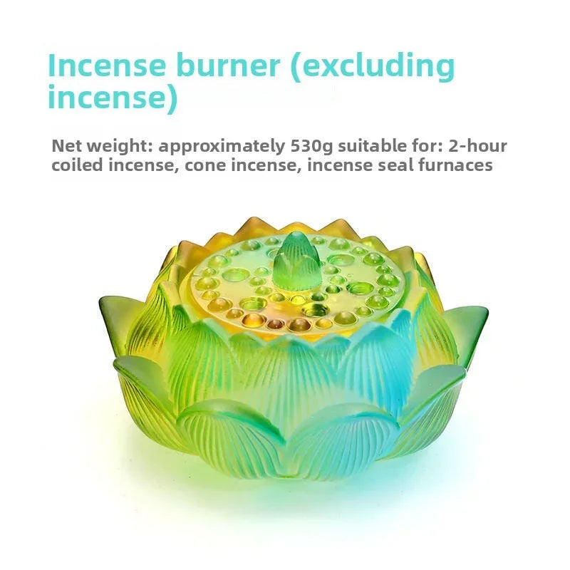 Green and yellow lotus-shaped glass incense burner suitable for coil and cone incense