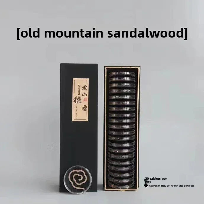 Box of old mountain sandalwood incense coils with 20 tablets, each burning 60-70 minutes