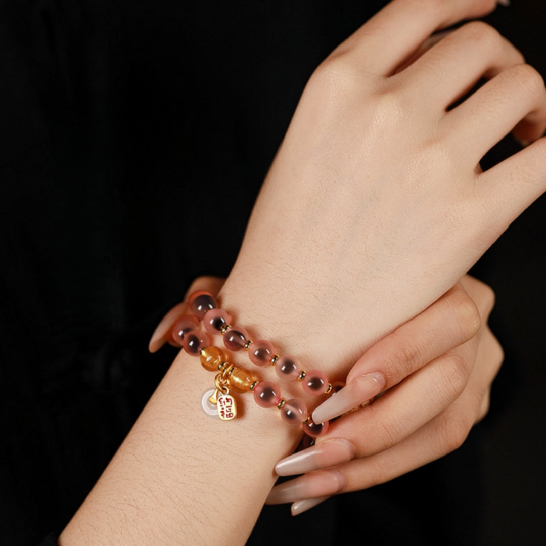 Hand-Carved Boxwood & Natural Gobi 'Candy' Agate Double-Wrap Bracelet