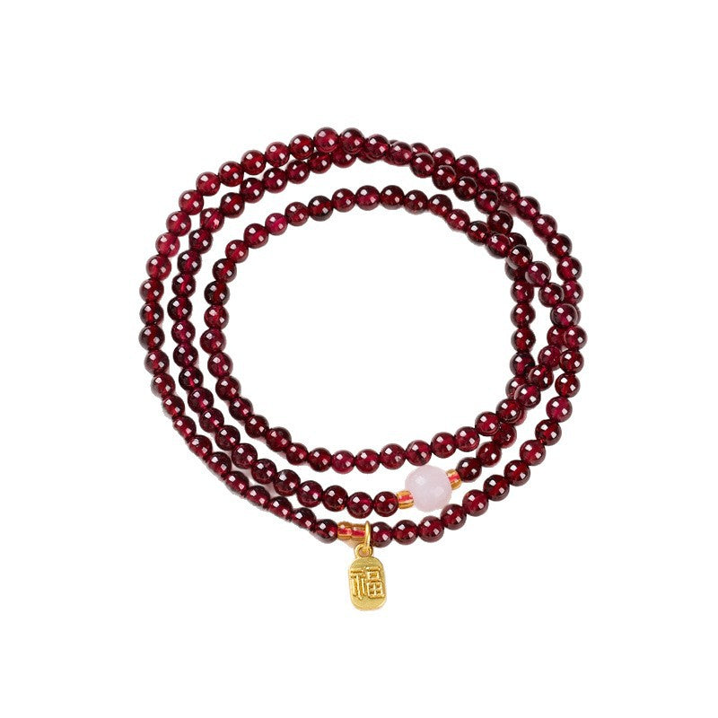 Natural three-circle garnet bracelet women's crystal Hetian jade bracelet gift light luxury niche simple jewelry