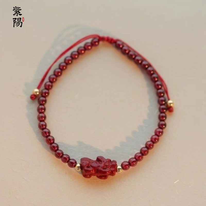 Natural three-circle garnet bracelet women's crystal Hetian jade bracelet gift light luxury niche simple jewelry
