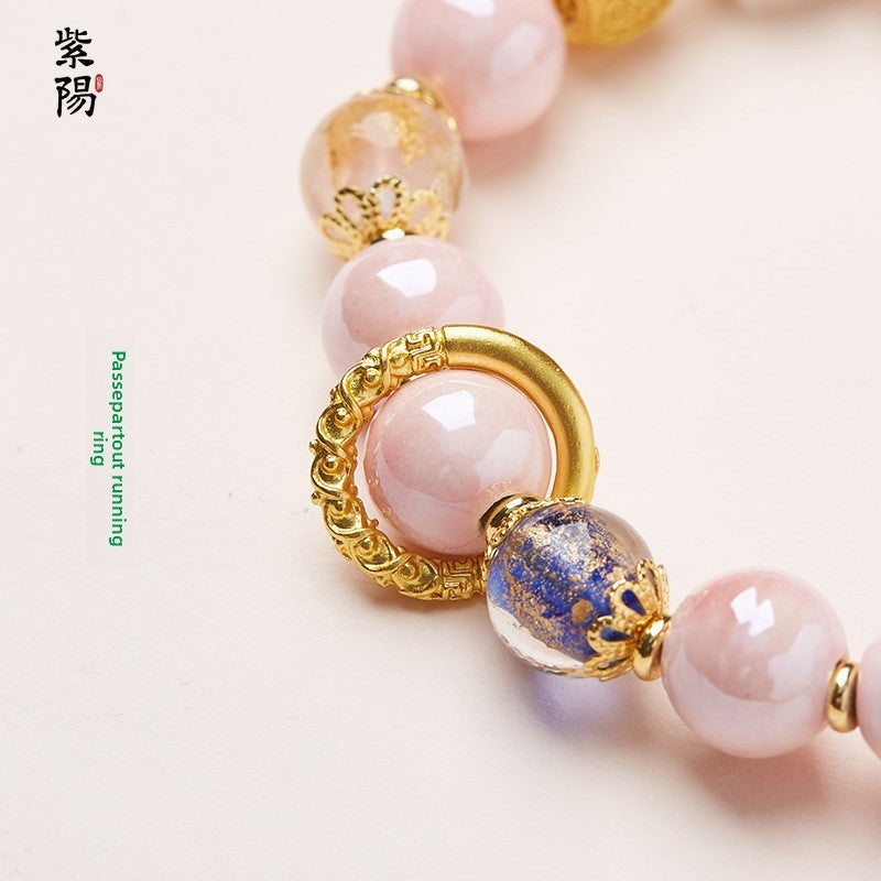 Incense Ash Glazed Bracelet Pink Porcelain Nine-tailed Fox Gold Foil Good Luck Bracelet Girlfriend Gift