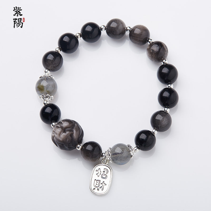 Incense Ash Glazed Bracelet Pink Porcelain Nine-tailed Fox Gold Foil Good Luck Bracelet Girlfriend Gift