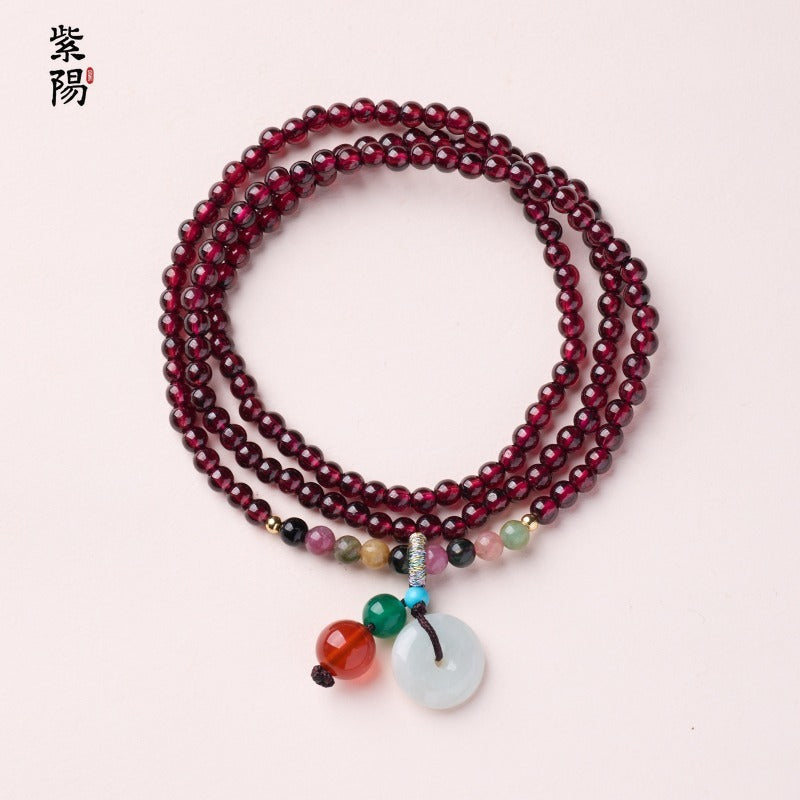 Natural three-circle garnet bracelet women's crystal Hetian jade bracelet gift light luxury niche simple jewelry