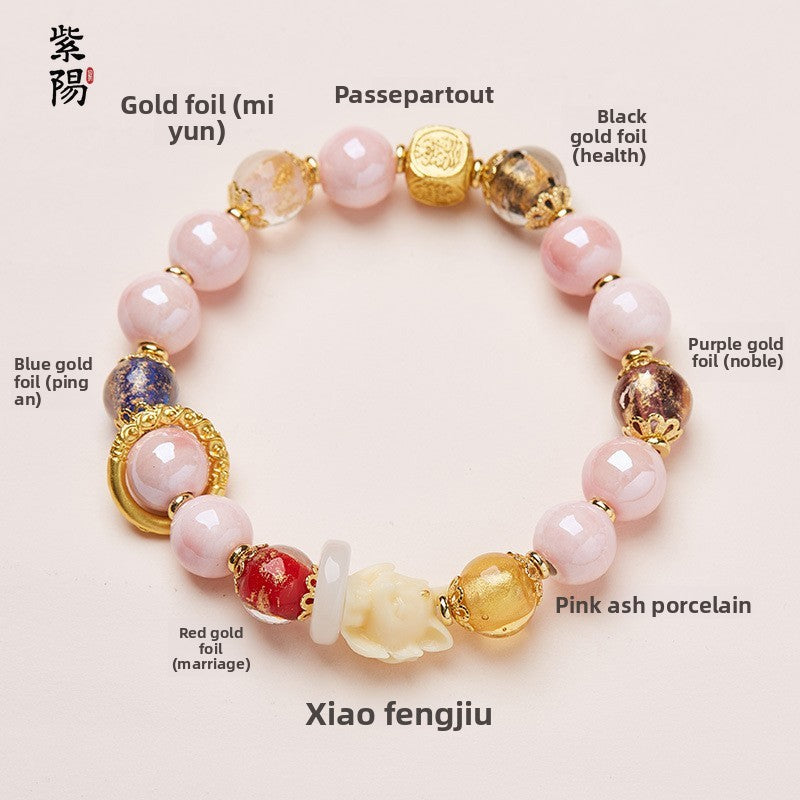 Incense Ash Glazed Bracelet Pink Porcelain Nine-tailed Fox Gold Foil Good Luck Bracelet Girlfriend Gift