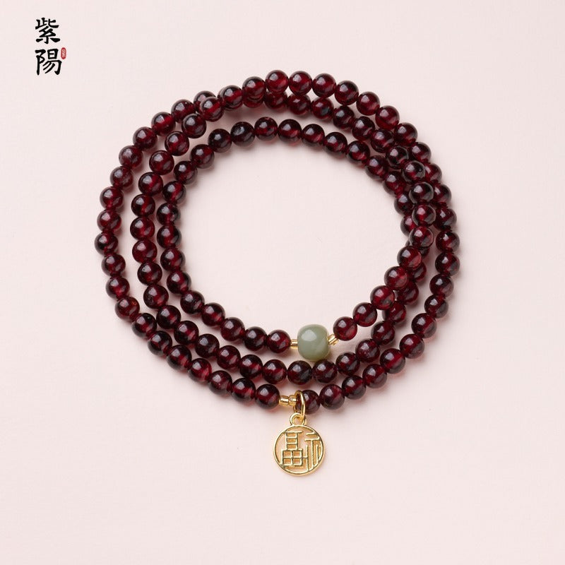 Natural three-circle garnet bracelet women's crystal Hetian jade bracelet gift light luxury niche simple jewelry