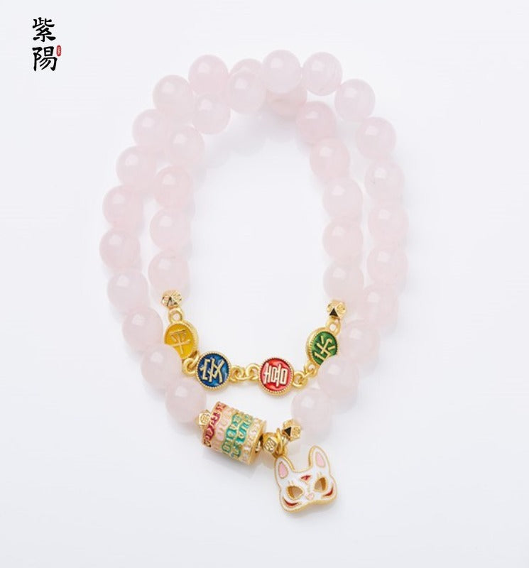 Incense Ash Glazed Bracelet Pink Porcelain Nine-tailed Fox Gold Foil Good Luck Bracelet Girlfriend Gift