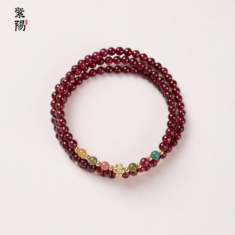 Natural three-circle garnet bracelet women's crystal Hetian jade bracelet gift light luxury niche simple jewelry