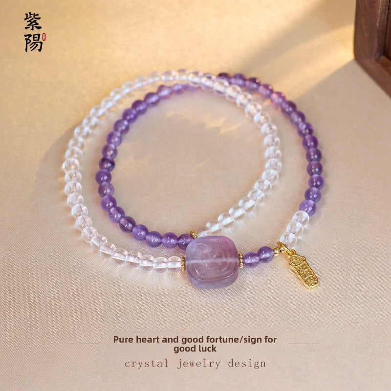 Zhao Mi Gold Hair Crystal Bracelet, Jewelry Tiger's Eye Stone White Crystal Amethyst Good Luck Double Ring Bracelet Beaded