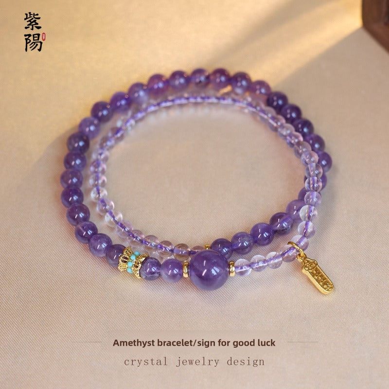 Zhao Mi Gold Hair Crystal Bracelet, Jewelry Tiger's Eye Stone White Crystal Amethyst Good Luck Double Ring Bracelet Beaded
