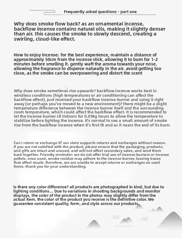 FAQ text about backflow incense, usage tips, return policy, and color variation in black and gray text