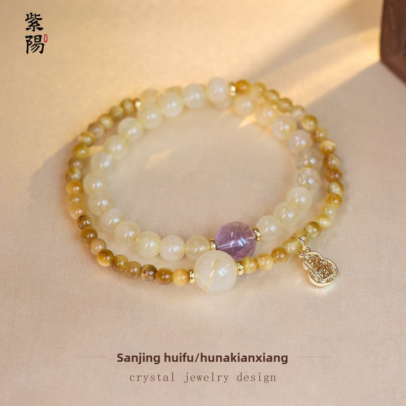 Zhao Mi Gold Hair Crystal Bracelet, Jewelry Tiger's Eye Stone White Crystal Amethyst Good Luck Double Ring Bracelet Beaded