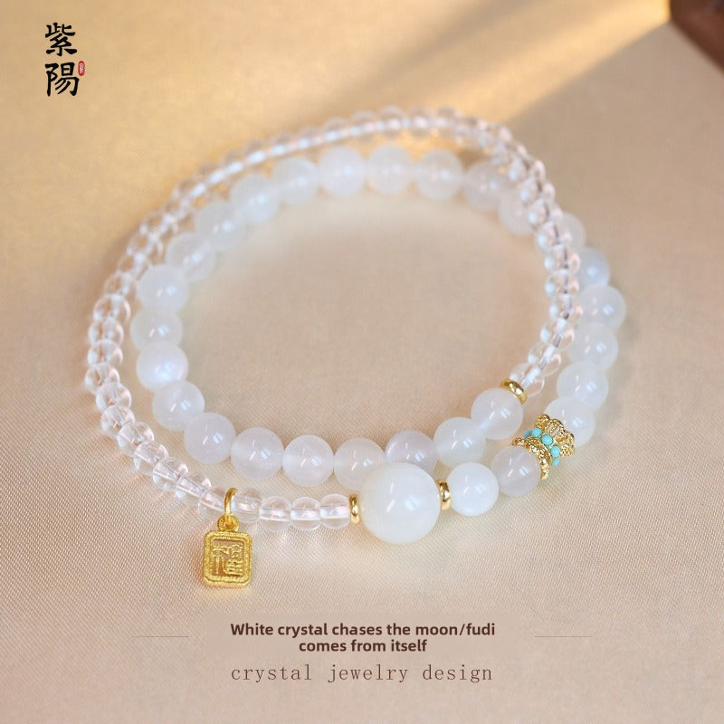 Zhao Mi Gold Hair Crystal Bracelet, Jewelry Tiger's Eye Stone White Crystal Amethyst Good Luck Double Ring Bracelet Beaded
