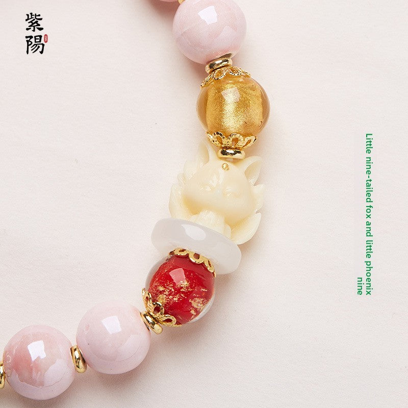 Incense Ash Glazed Bracelet Pink Porcelain Nine-tailed Fox Gold Foil Good Luck Bracelet Girlfriend Gift