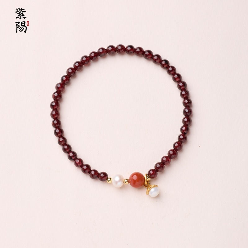 Natural three-circle garnet bracelet women's crystal Hetian jade bracelet gift light luxury niche simple jewelry
