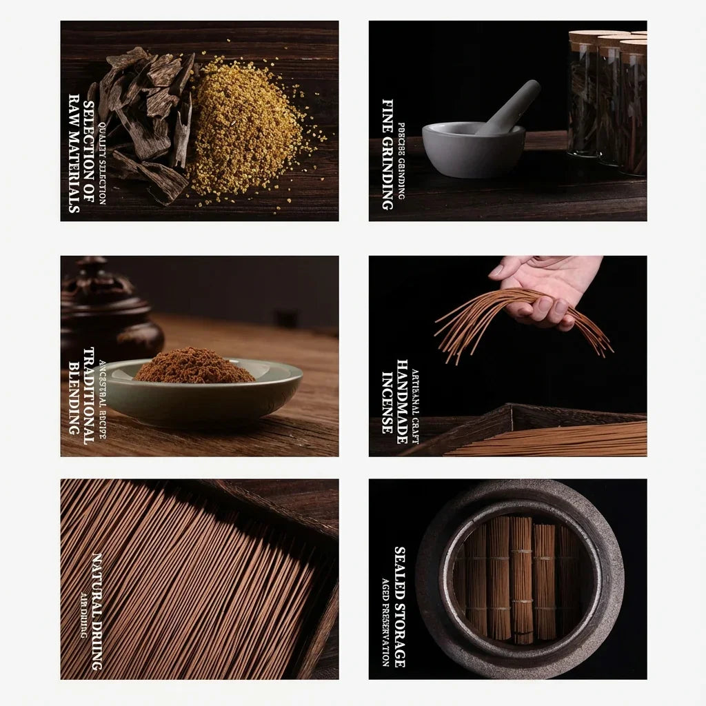 Six-step artisanal incense making process with raw materials, grinding, blending, handmade sticks, drying, and sealed storage