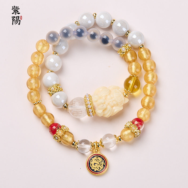 Incense Ash Glazed Bracelet Pink Porcelain Nine-tailed Fox Gold Foil Good Luck Bracelet Girlfriend Gift