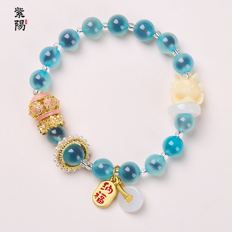 Incense Ash Glazed Bracelet Pink Porcelain Nine-tailed Fox Gold Foil Good Luck Bracelet Girlfriend Gift