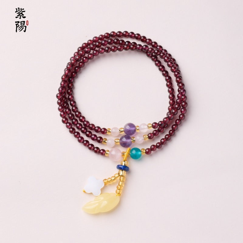Natural three-circle garnet bracelet women's crystal Hetian jade bracelet gift light luxury niche simple jewelry