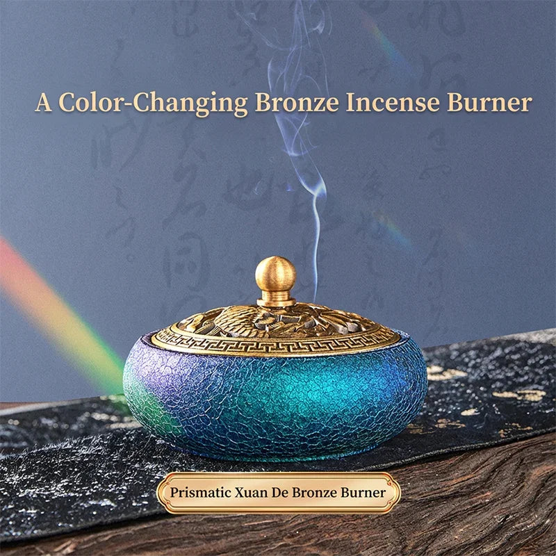 Color-changing prismatic bronze incense burner with ornate lid and smoke rising