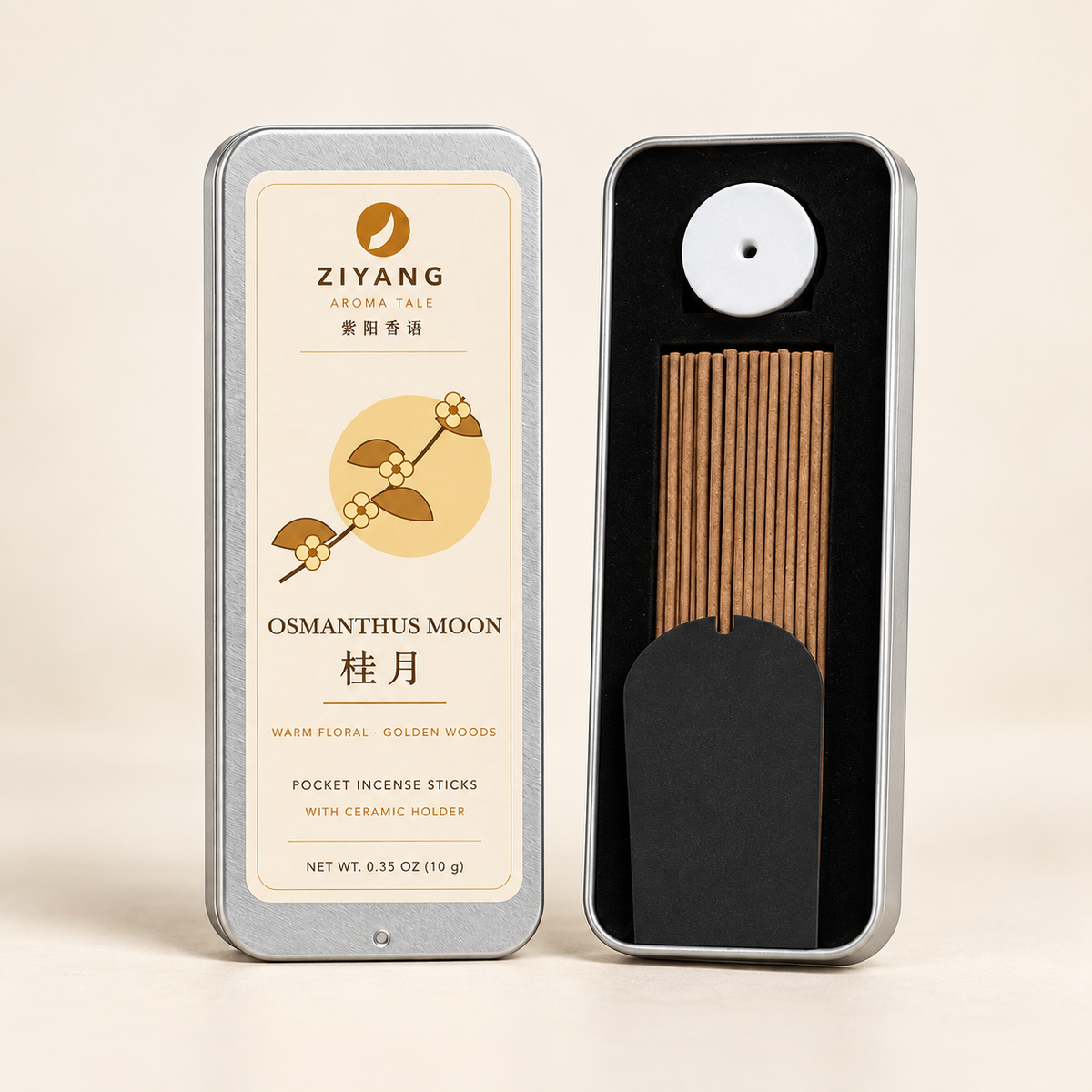 Osmanthus Moon incense sticks and ceramic holder inside the tin