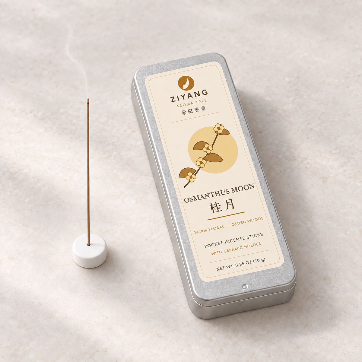 Thin incense stick burning in the included white ceramic holder
