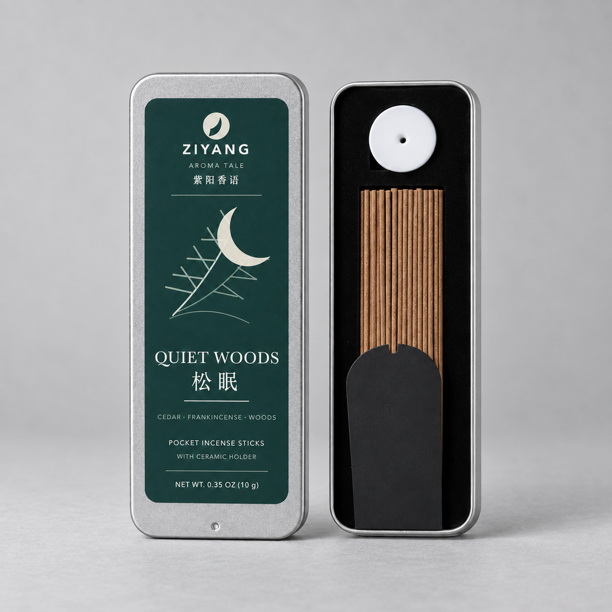Quiet Woods incense sticks and ceramic holder inside the tin