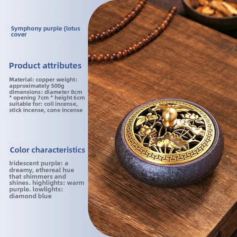 Copper lotus cover incense burner with intricate gold lid on wooden surface