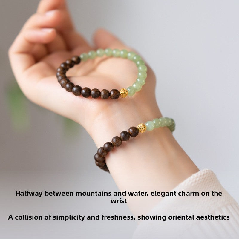 Chinese agarwood bracelet women's natural Hetian blue and white jade transfer beads wooden jade half mountain and half water Chinese style bracelet