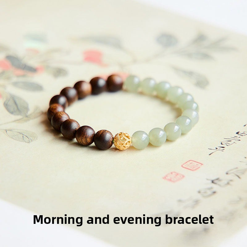 Chinese agarwood bracelet women's natural Hetian blue and white jade transfer beads wooden jade half mountain and half water Chinese style bracelet