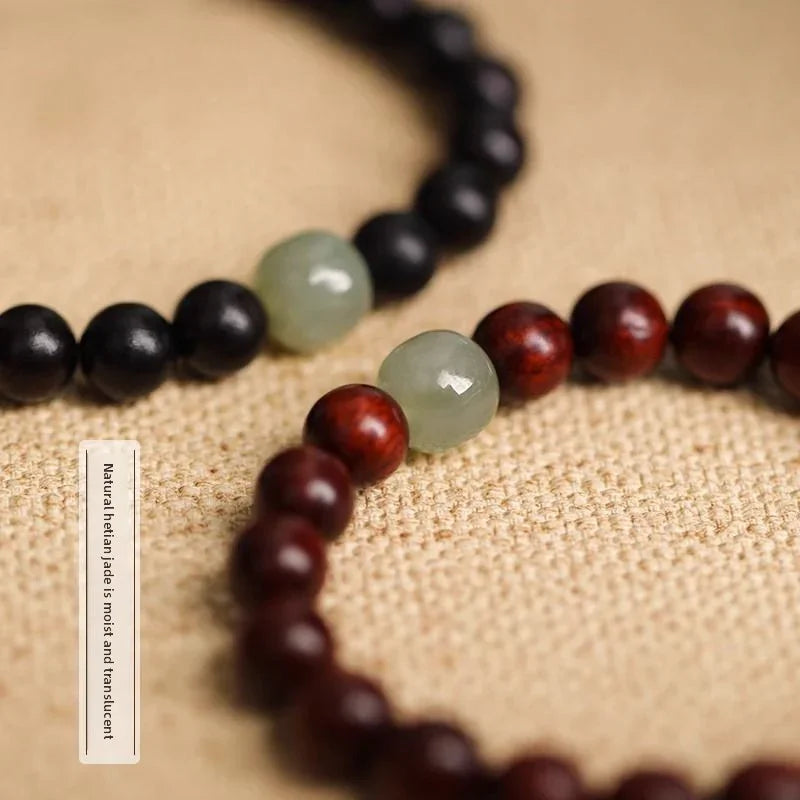 Red Sandalwood & Golden Silk Bead Bracelet | Premium Hetian Jade Spacer