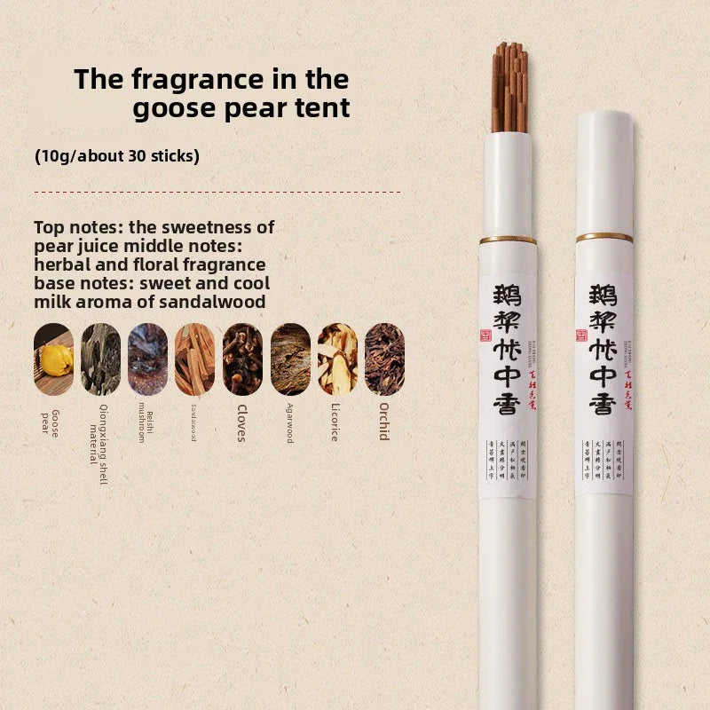 Goose pear tent incense sticks with herbal, floral sandalwood fragrance and natural ingredients illustration