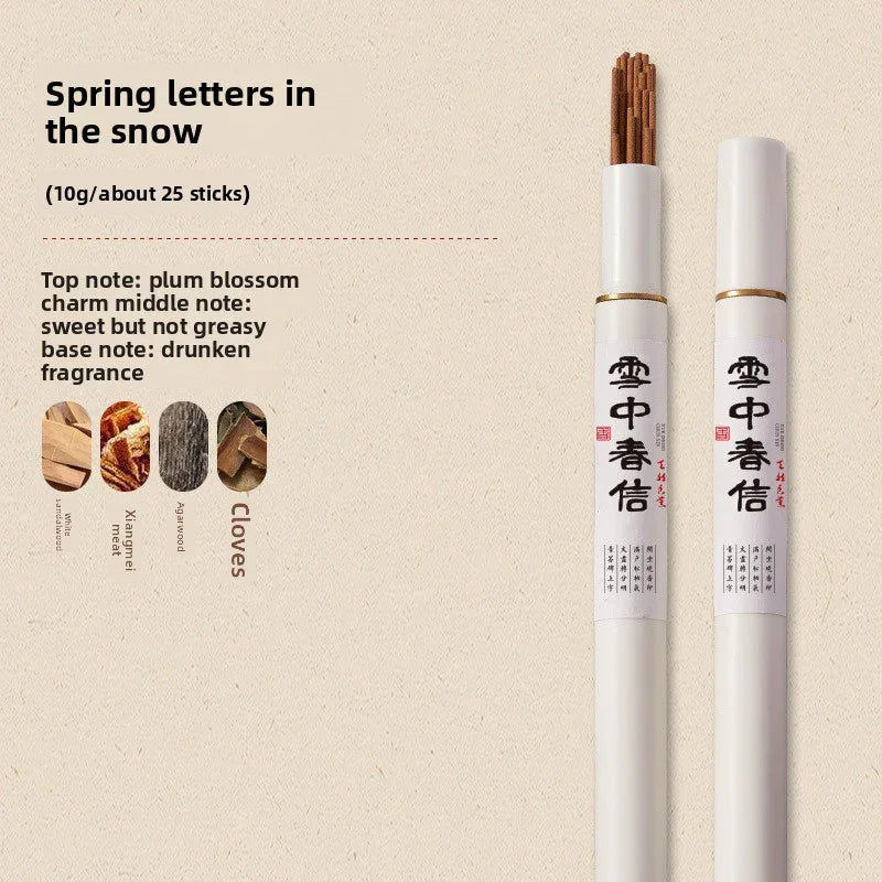 White cylindrical incense containers with Chinese characters and incense sticks, detailed scent notes and ingredient icons