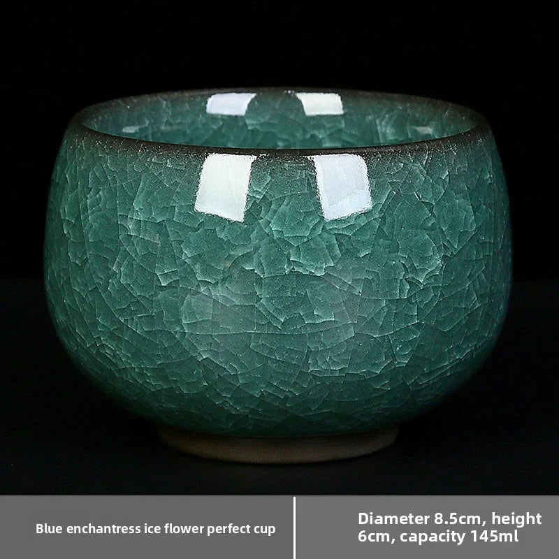 Blue ceramic cup with crackle glaze texture, 8.5cm diameter, 6cm height, 145ml capacity