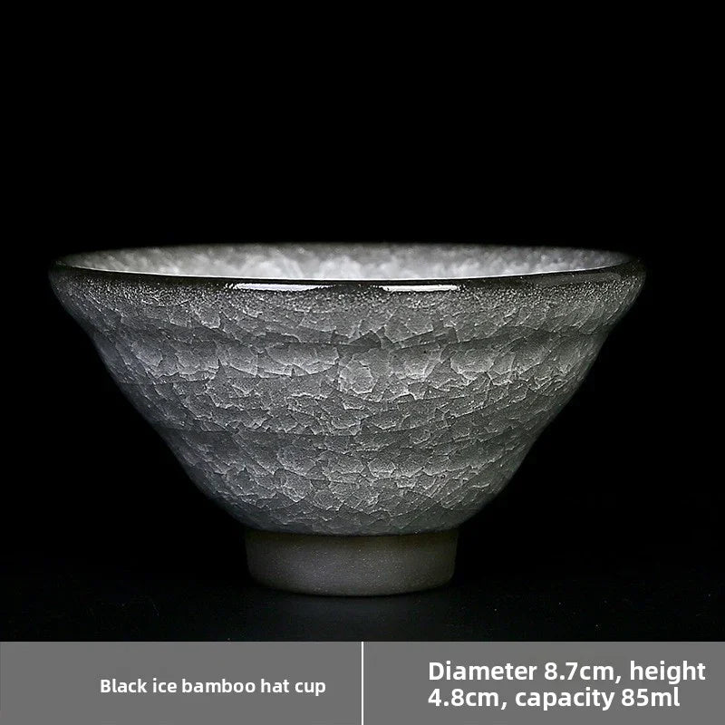 Black ice bamboo hat ceramic cup with crackled glaze, 8.7cm diameter, 4.8cm height, 85ml capacity
