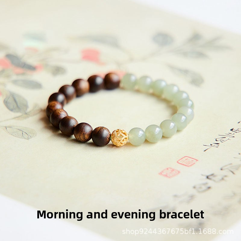 Chinese agarwood bracelet women's natural Hetian blue and white jade transfer beads wooden jade half mountain and half water Chinese style bracelet