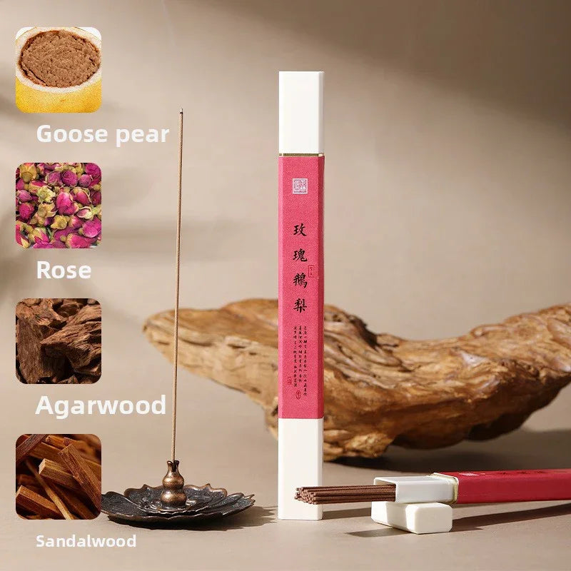 Incense sticks with holder and packaging featuring rose, goose pear, agarwood, and sandalwood scents