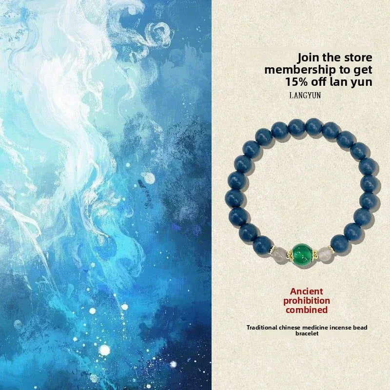 Blue bead bracelet with green and white stones promoting 15% off Lan Yun incense bead bracelet