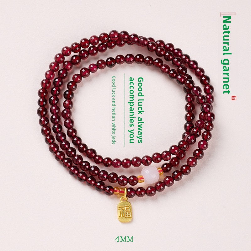 Natural three-circle garnet bracelet women's crystal Hetian jade bracelet gift light luxury niche simple jewelry